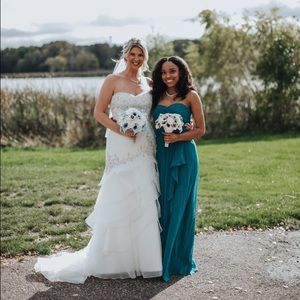 Strapless crinkle chiffon dress with cascade skirt